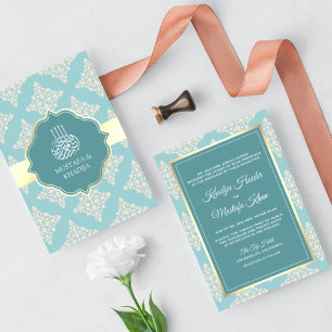 Convites Casamento Muçulmano Damasco Creme Azul Turquesa Pa