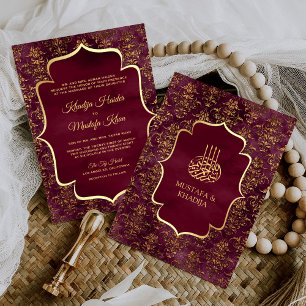 Convites Casamento Muçulmano Damasco Dourado Burgundy Rústi