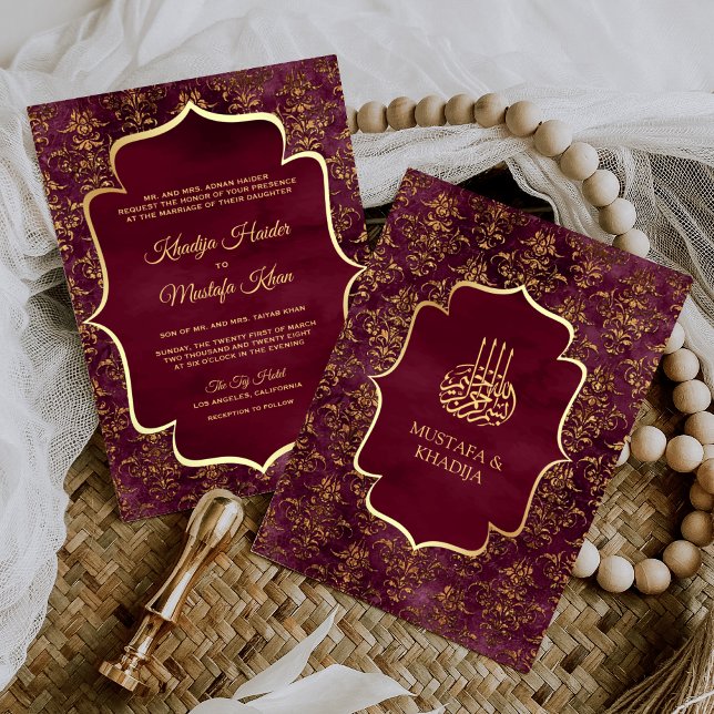 Convites Casamento Muçulmano Damasco Dourado Burgundy Rústi (Criador carregado)
