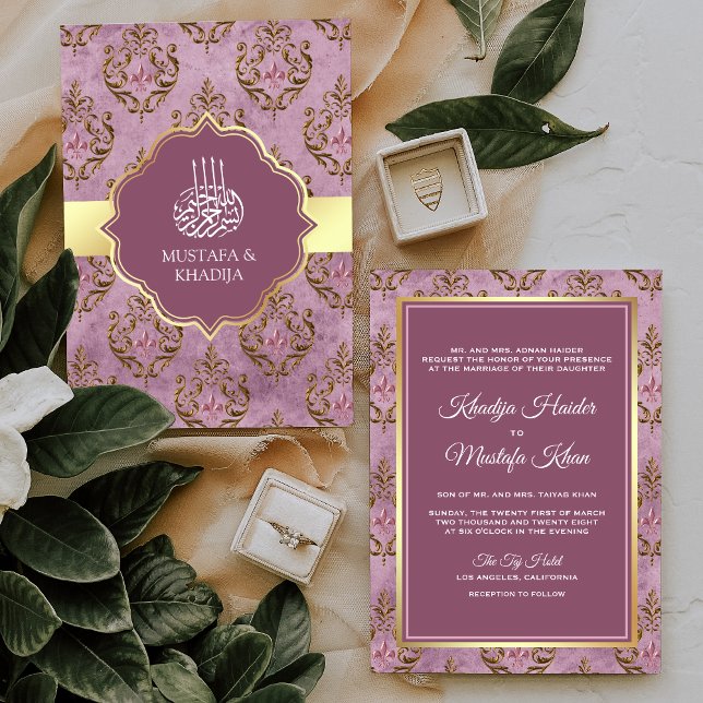 Convites Casamento Muçulmano Damasco Lavanda Ouro Rústico V (Criador carregado)
