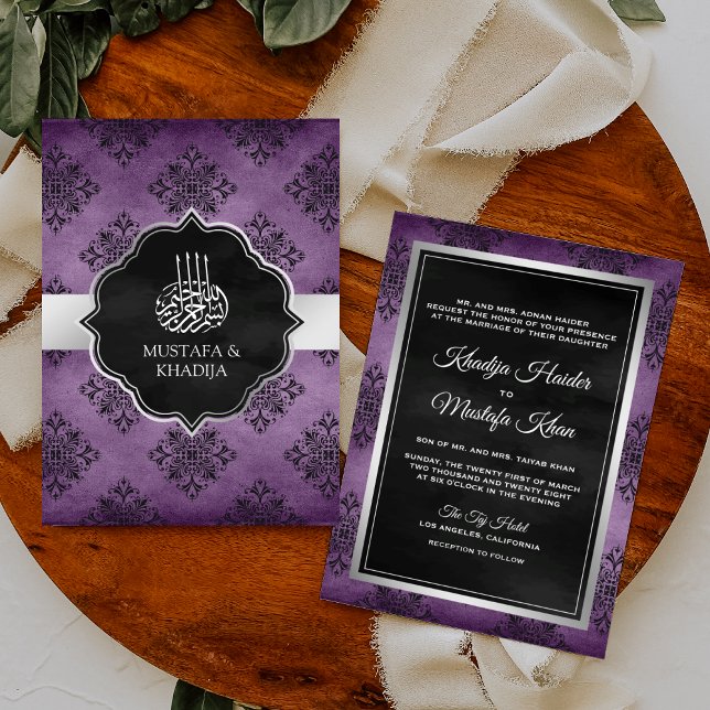 Convites Casamento Muçulmano Damasco Preto Roxo Prata Rústi (Criador carregado)