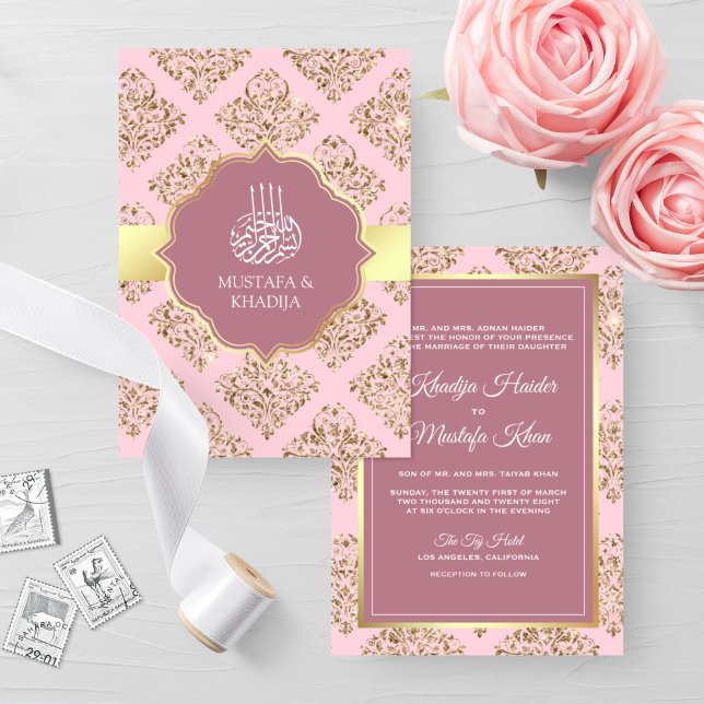 Convites Casamento Muçulmano Damasco Rosa Bege Rústico Dour (Criador carregado)