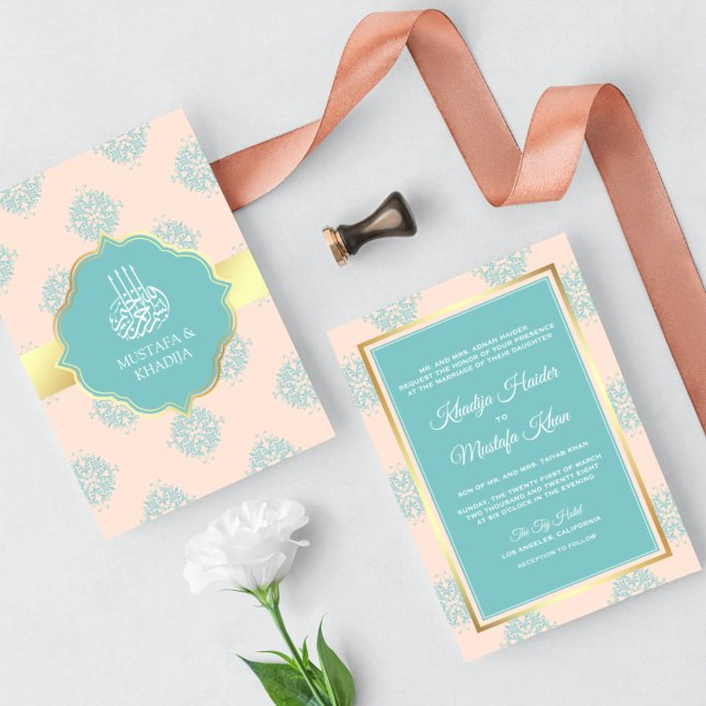 Convites Casamento Muçulmano Damasco Rustico Pastel Pêssego (Criador carregado)