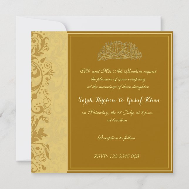 Convites Casamento muçulmano de brocado Dourado (Frente)
