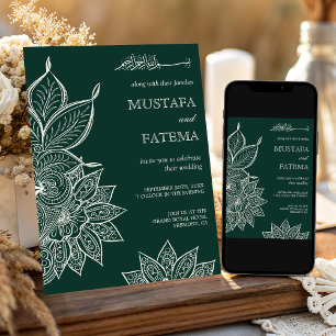 Convites Casamento Muçulmano de Emerald Green Cream Mehndi 