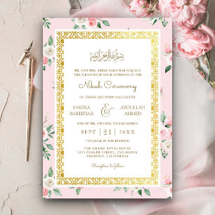 Convites Casamento Muçulmano de Frame Floral Dourado Cor-de