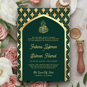 Convites Casamento Muçulmano de Ouros Dourados Emerald Gree