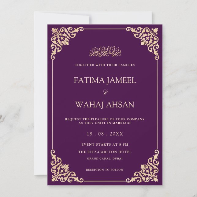 Convites Casamento Muçulmano de Script Dourado Roxo Elegant (Frente)