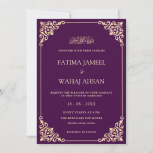 Convites Casamento Muçulmano de Script Dourado Roxo Elegant