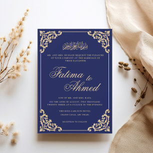 Convites Casamento Muçulmano Dourado Barroco Vitoriano Azul