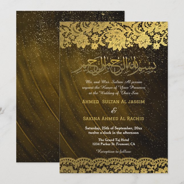 Convites Casamento Muçulmano Dourado Lace (Frente/Verso)