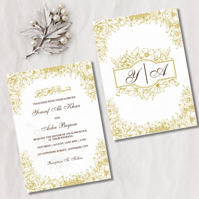 Convites Casamento Muçulmano Dourado Ornamentado Branco com (Floral Frame Gold White Ornate Muslim Wedding Invitation)