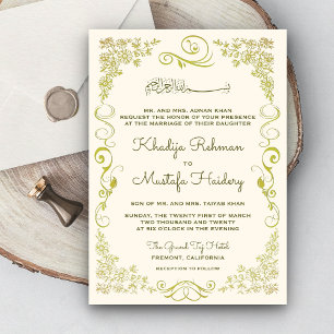 Convites Casamento Muçulmano Elegante Creme e Verde Oliva