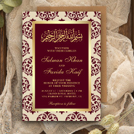 Convites Casamento Muçulmano Faux Gold Foil Burgundy Damask