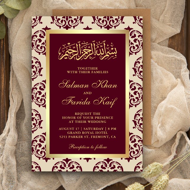 Convites Casamento Muçulmano Faux Gold Foil Burgundy Damask (Criador carregado)
