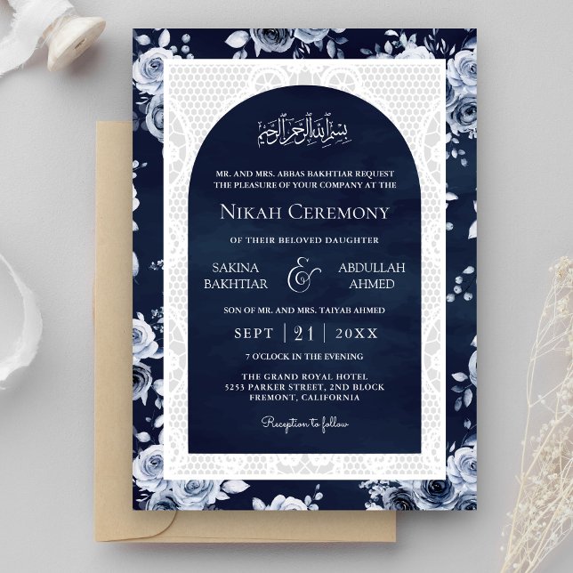 Convites Casamento Muçulmano Floral Azul Marinho com Renda  (Criador carregado)