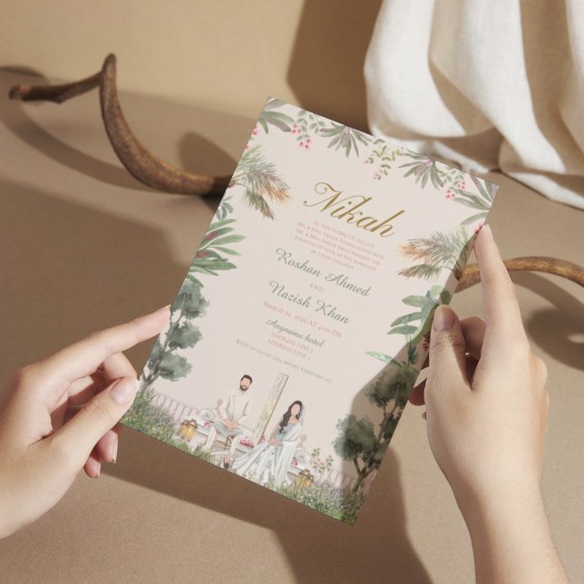 Convites Casamento muçulmano floral rosa e verde (Criador carregado)