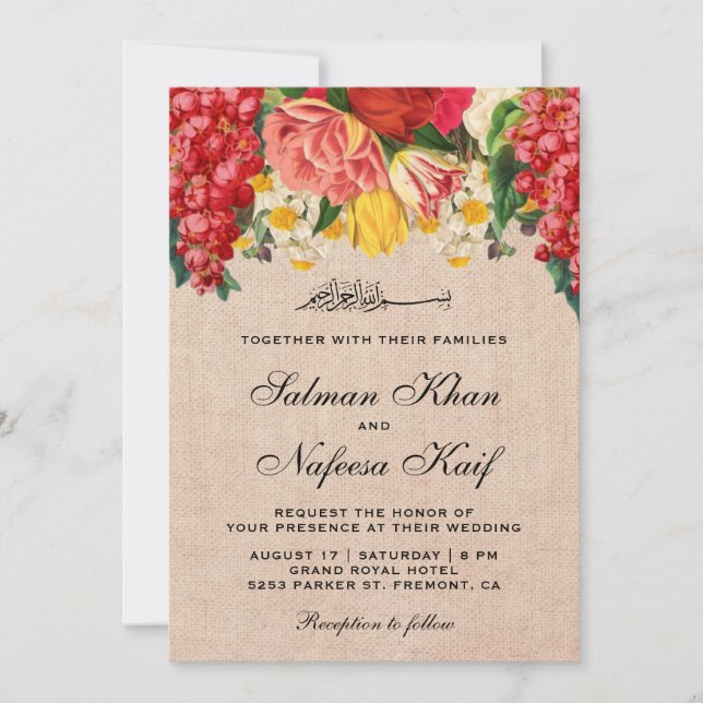Convites Casamento Muçulmano Floral Rústico em Lona (Frente)
