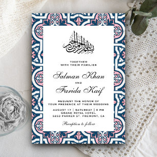 Convites Casamento Muçulmano Islâmico Azul e Rosa Arabesco