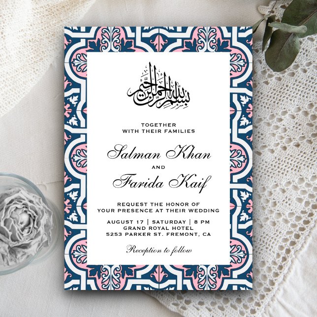 Convites Casamento Muçulmano Islâmico Azul e Rosa Arabesco (Criador carregado)