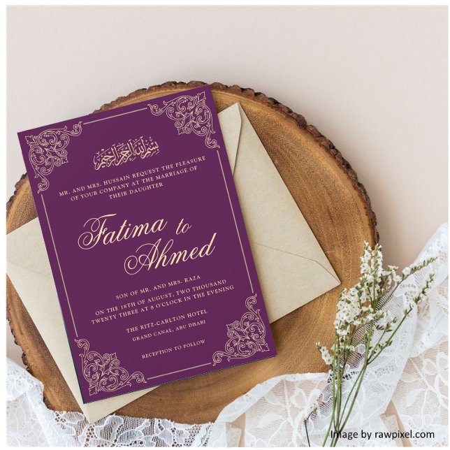 Convites Casamento Muçulmano Islâmico de Frame Roxo ornamen (Criador carregado)