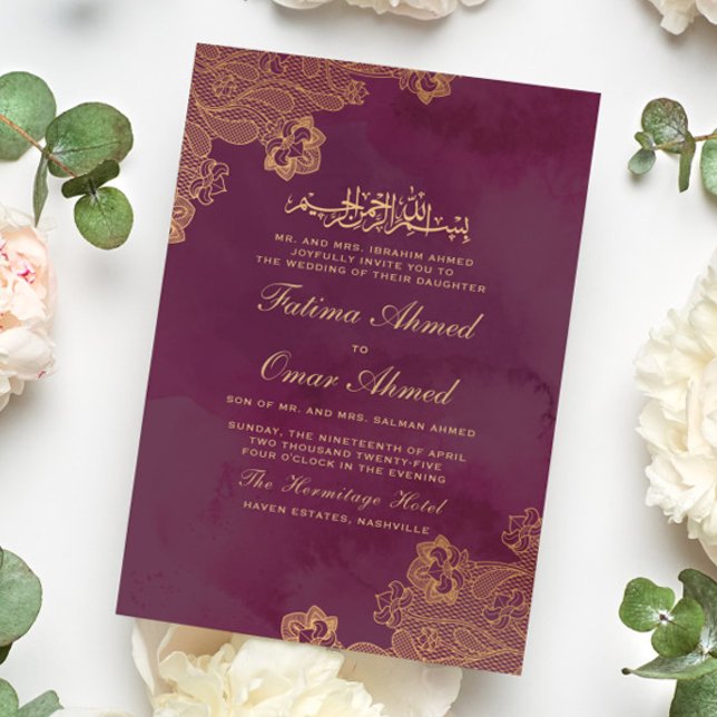 Convites Casamento Muçulmano Islâmico de Gold Foil Lace Bur (Criador carregado)