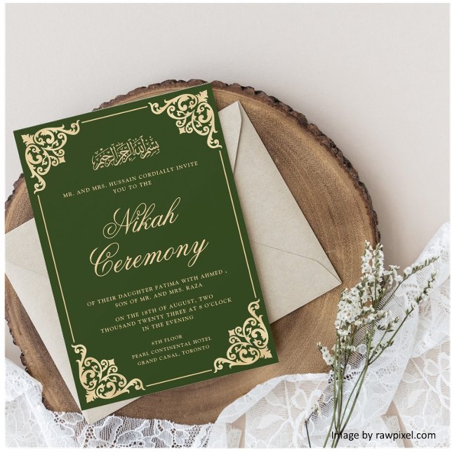 Convites Casamento Muçulmano Islâmico de Nikah Verde Elegan (Criador carregado)