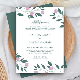 Convites Casamento muçulmano islâmico, do ramo verde-rosa