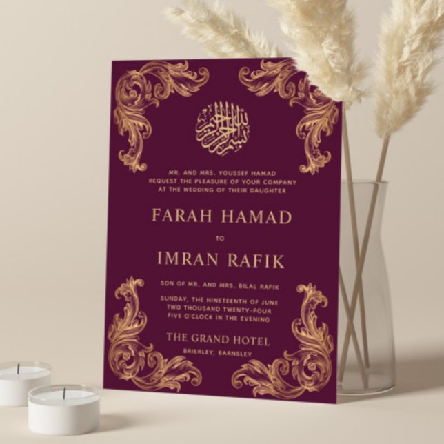 Convites Casamento Muçulmano Islâmico Dourado de Plum Vinta (Criador carregado)