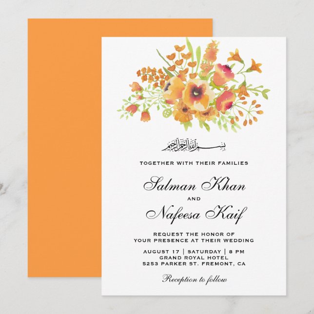 Convites Casamento Muçulmano Islâmico Floral Orange Waterco (Frente/Verso)