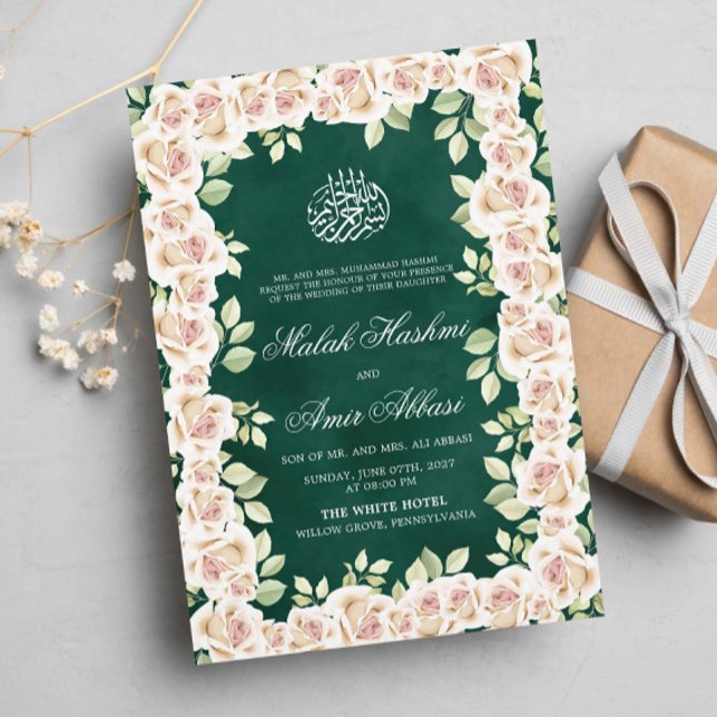 Convites Casamento Muçulmano Islâmico Floral Verde Branco (Criador carregado)