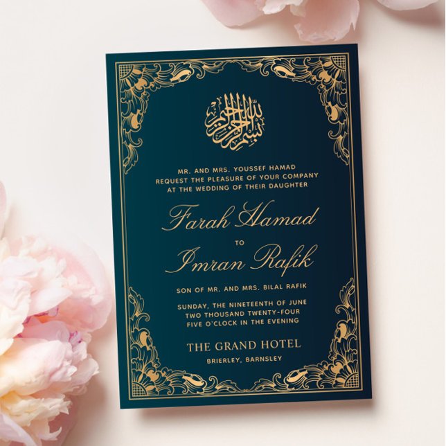 Convites Casamento Muçulmano Islâmico Verde com Quadro Dour (Criador carregado)