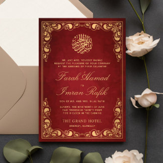 Convites Casamento Muçulmano Islâmico Vermelho com Quadro D