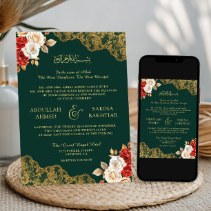 Convites Casamento Muçulmano Marfim Vermelho Floral Renda D