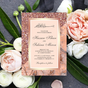 Convites Casamento Muçulmano Mármore Rosa Coral Brilho Dour