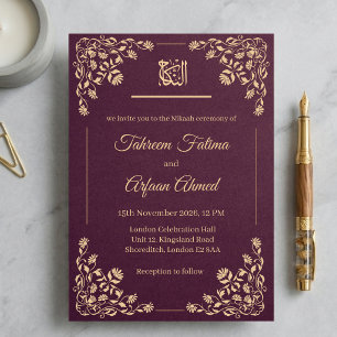 Convites Casamento Muçulmano Nikkah Floral Burgundy Ameixa 