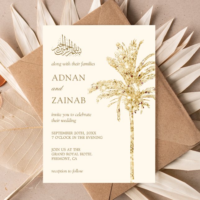 Convites Casamento Muçulmano Palma de Data com Brilho Creme (Criador carregado)