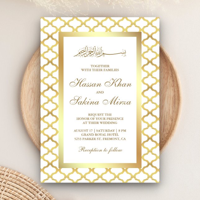 Convites Casamento Muçulmano Quatrefoil Branco e Dourado Ma (Criador carregado)