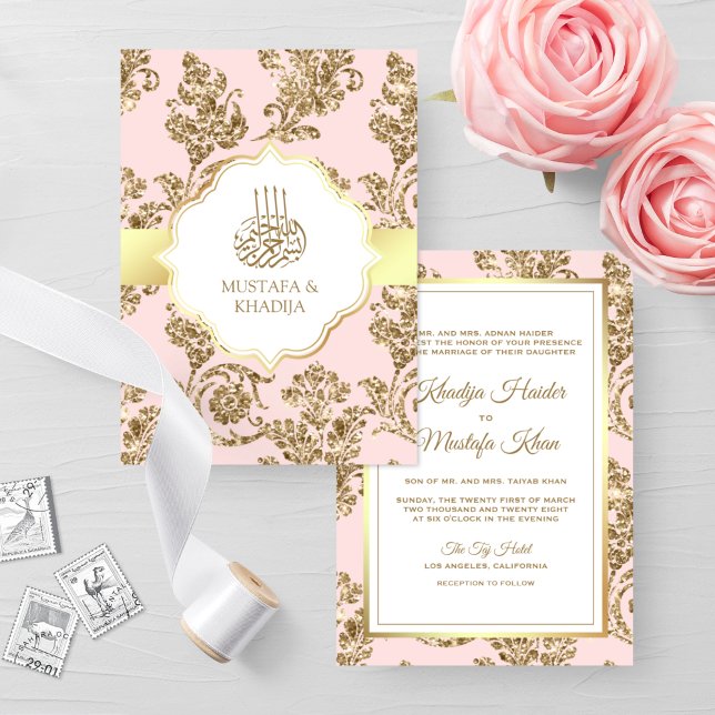 Convites Casamento Muçulmano Rosa Rústico Dourado Filigrana (Criador carregado)