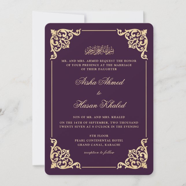 Convites Casamento Muçulmano Roxo Dourado Barroco Vitoriano (Frente)