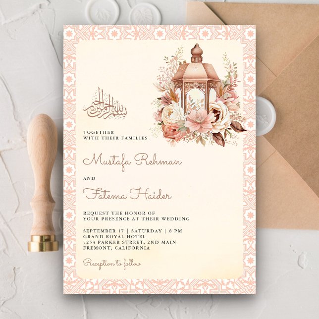 Convites Casamento Muçulmano Rustic Boho Peach Floral Lante (Criador carregado)