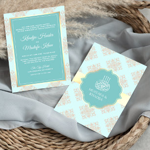 Convites Casamento Muçulmano Rustic Pastel Aqua Blue Damask