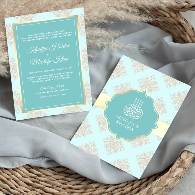 Convites Casamento Muçulmano Rustic Pastel Aqua Blue Damask (Criador carregado)
