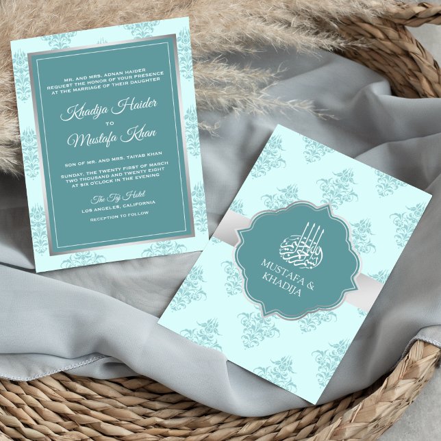 Convites Casamento Muçulmano Rustic Silver Pastel Teal Dama (Criador carregado)