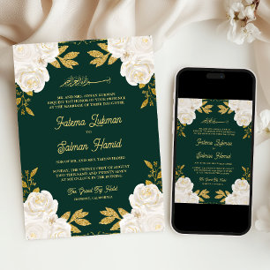 Convites Casamento Muçulmano Verde-Dourado Ivory Floral
