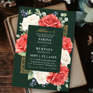 Convites Casamento Muçulmano Verde-Floral Elegante Rosa