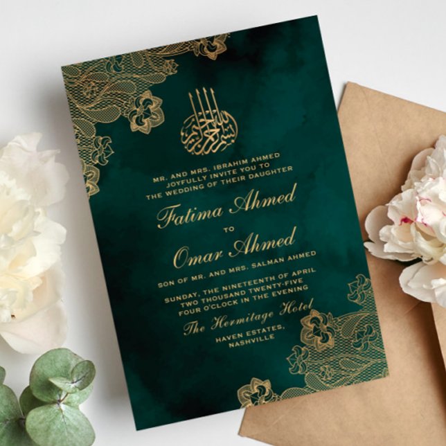 Convites Casamento Muçulmano Verde-Islâmico de Gold Foil La (Criador carregado)
