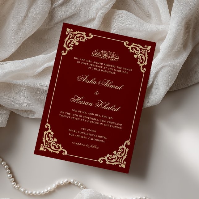 Convites Casamento Muçulmano Vermelho Borgonha Barroco Vint (Criador carregado)