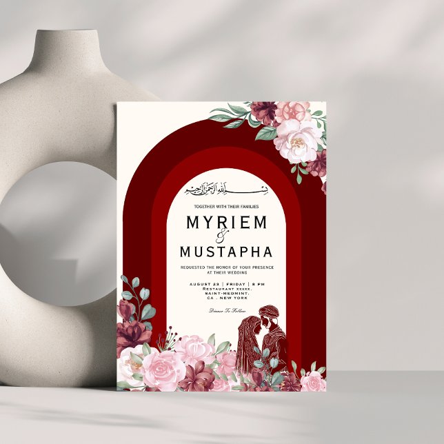 Convites Casamento Muçulmano Vermelho Elegante e Floral (Criador carregado)