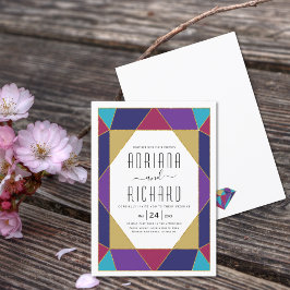 Convites casamento multicolorido com joia geométrica abstra